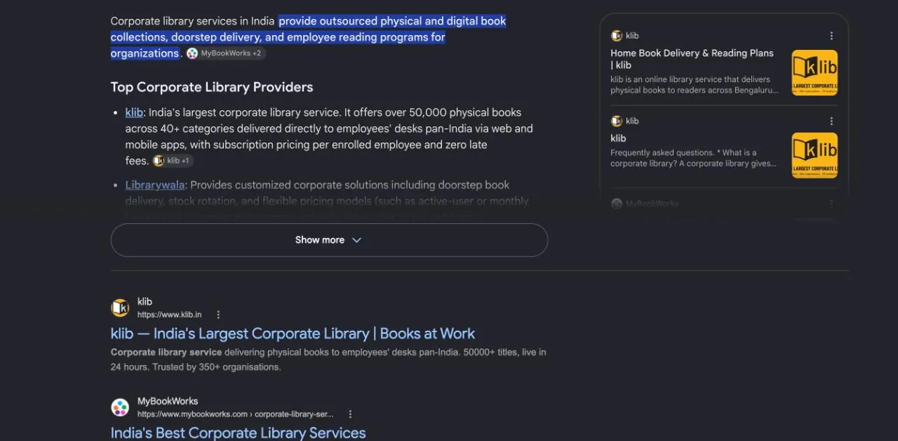 Google results for corporate library service India: the AI Overview lists klib first, and klib.in is the first result below it