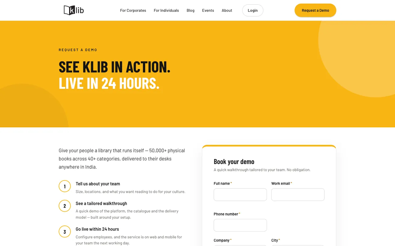 klib.in Request a demo page with the booking form